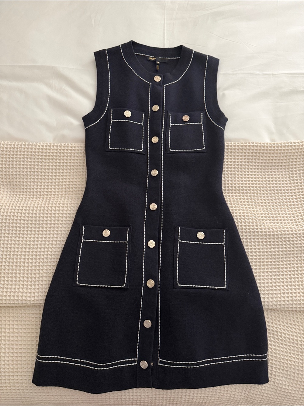 Maje Navy Sleeveless Knit Dress with Contrast Stitching